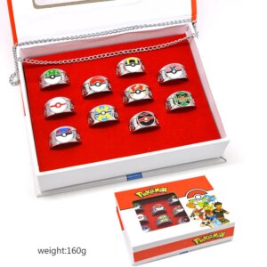 10pcs Set Pikachu Pokemon Finger Magic Ring Trendy Present Gift Accessories Wholesale Poke Ball Zircon Ring Gift Box